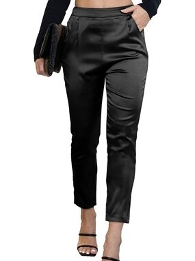 heipeiwa Women's Satin Pants Dress Casual Pleated Pull on High Waist Pants.